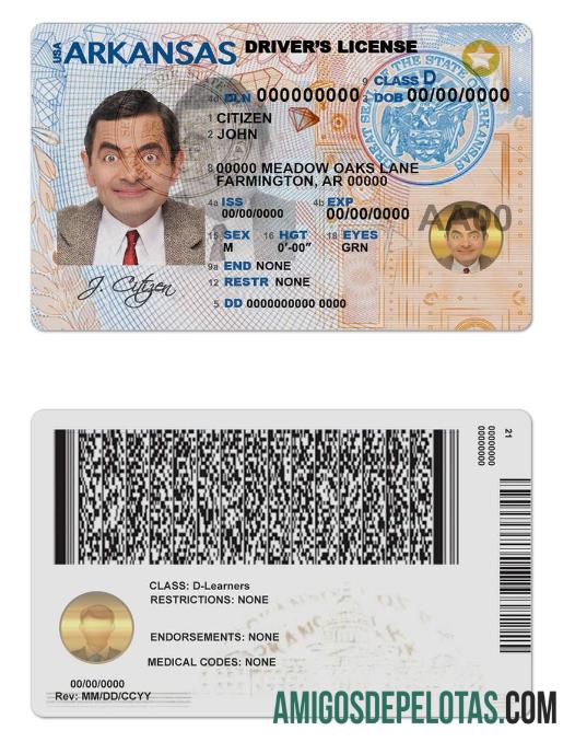 Carteira de motorista dos EUA Arkansas amostra